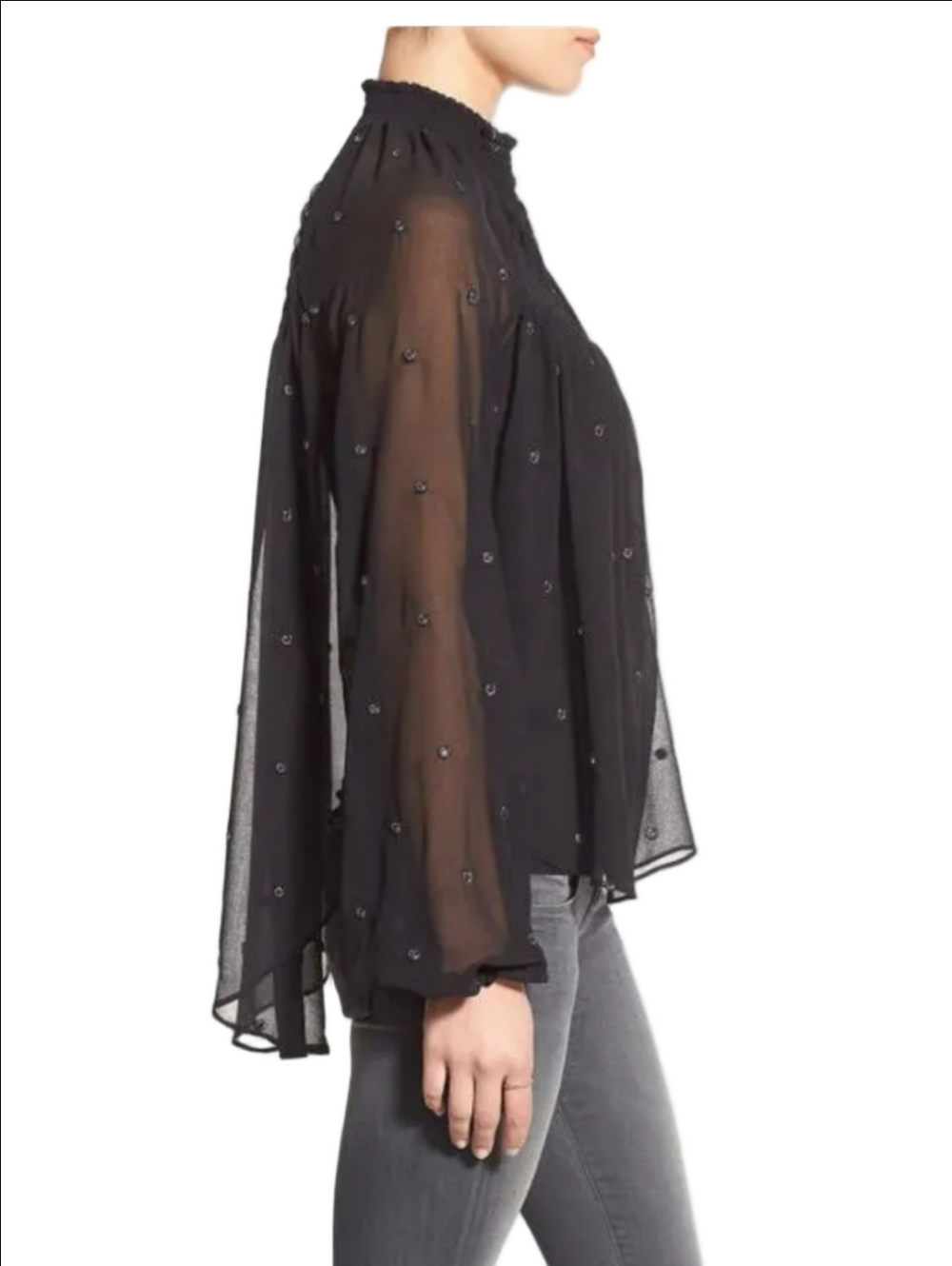 Free People Ready to Run Top Black Sheer Chiffon Boho Long-sleeve M Witchy Goth - Picture 3 of 8